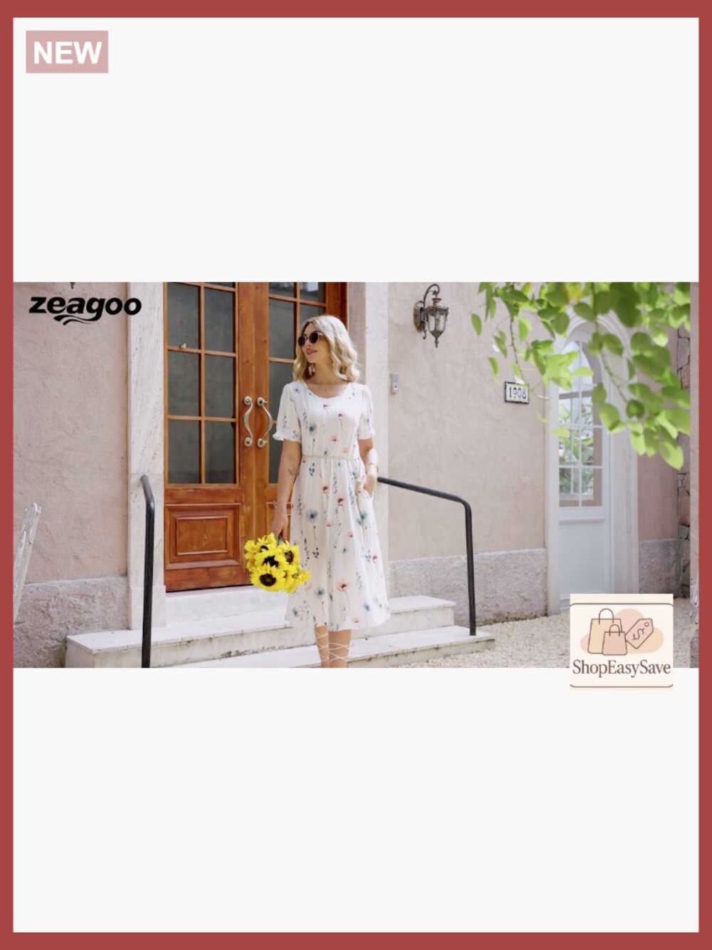 Pleated Midi Dress Puff Sleeve Flowy Casual Sundress with Pockets Elegant Chic - Picture 7 of 7